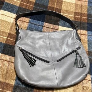 Chic Gray Leather Hobo Bag with Tassel Accents